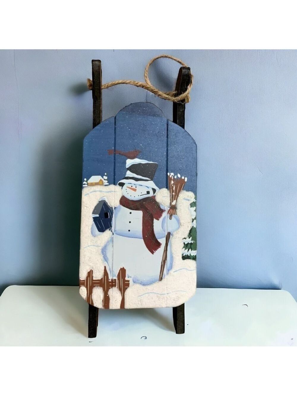 Wooden Sleigh with Hand Painted Snowman Holiday Christmas Decor Vintage